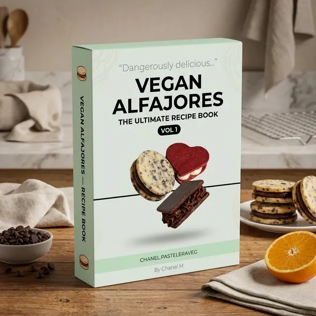 Vegan Alfajores: The Ultimate Recipe Book, printed recipe book mockup on a wooden kitchen table