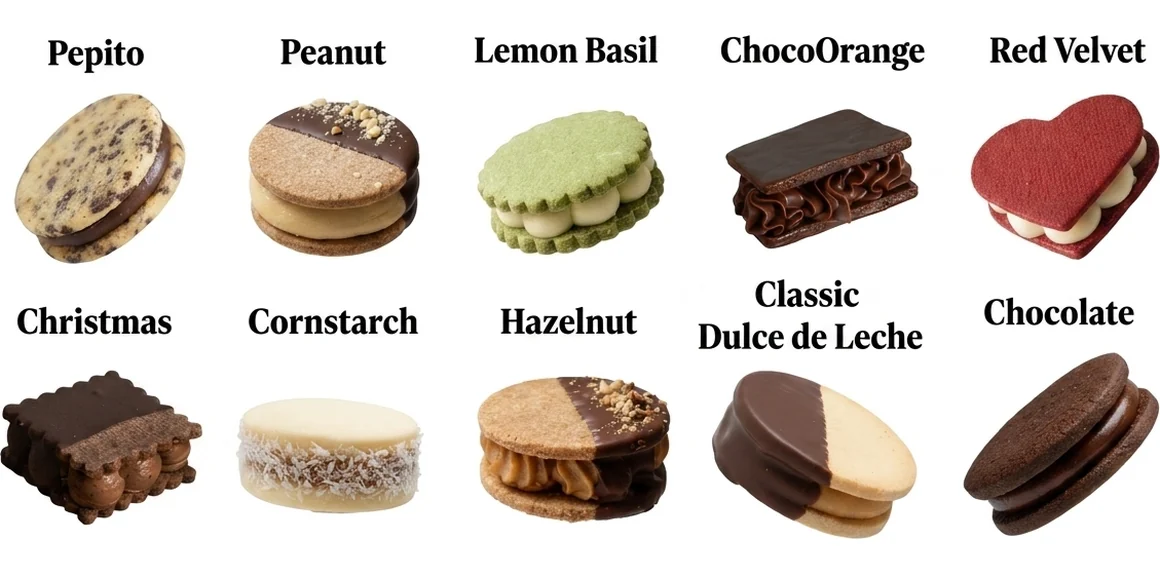 The 10 vegan alfajor flavors: Pepito, Peanut, Lemon Basil, ChocoOrange, Red Velvet, Christmas, Cornstarch, Hazelnut, Classic Dulce de Leche and Chocolate