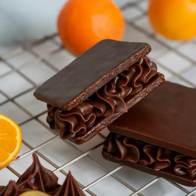Chocolate orange vegan alfajores with piped ganache filling