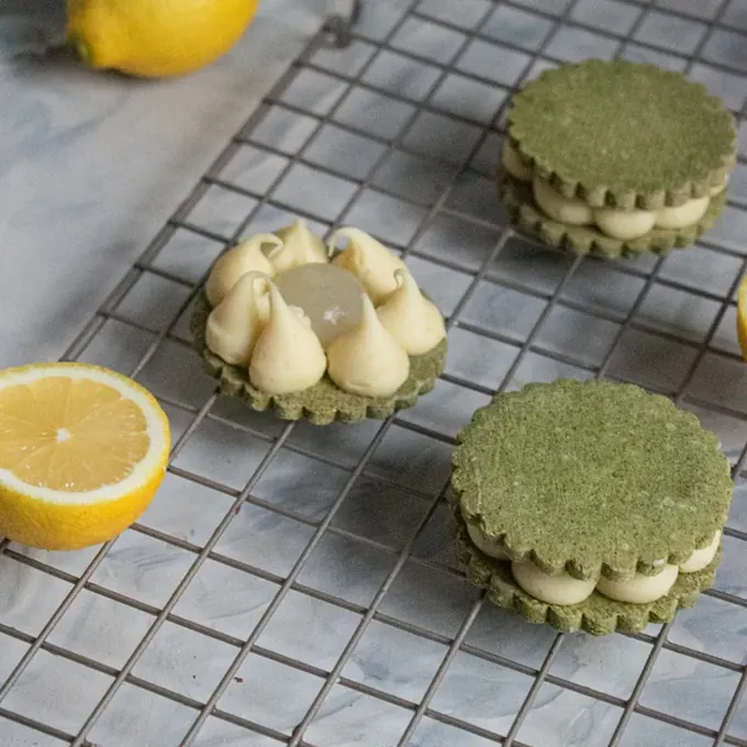 Green lemon basil vegan alfajores with lemon cream filling